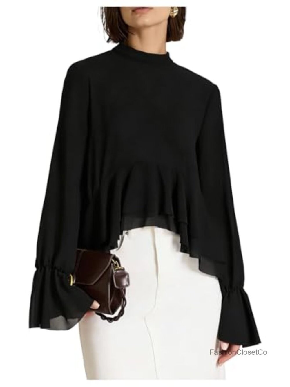 Chiffon Blouse Ruffle High Low Top Tie Back Asymmetrical Flowy Long Sleeve Mock